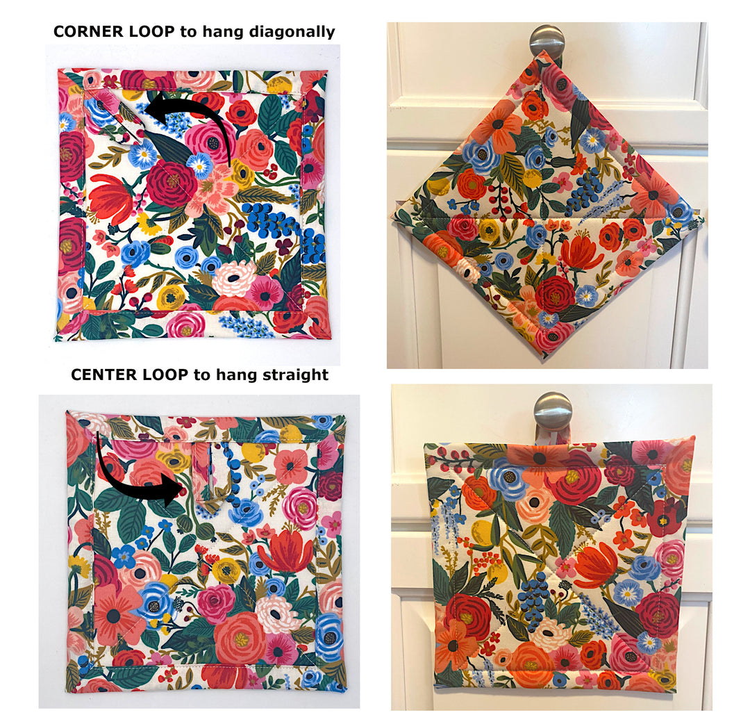 Vintage Vibrant Floral Potholder or Hot Pad with Hanging Loop